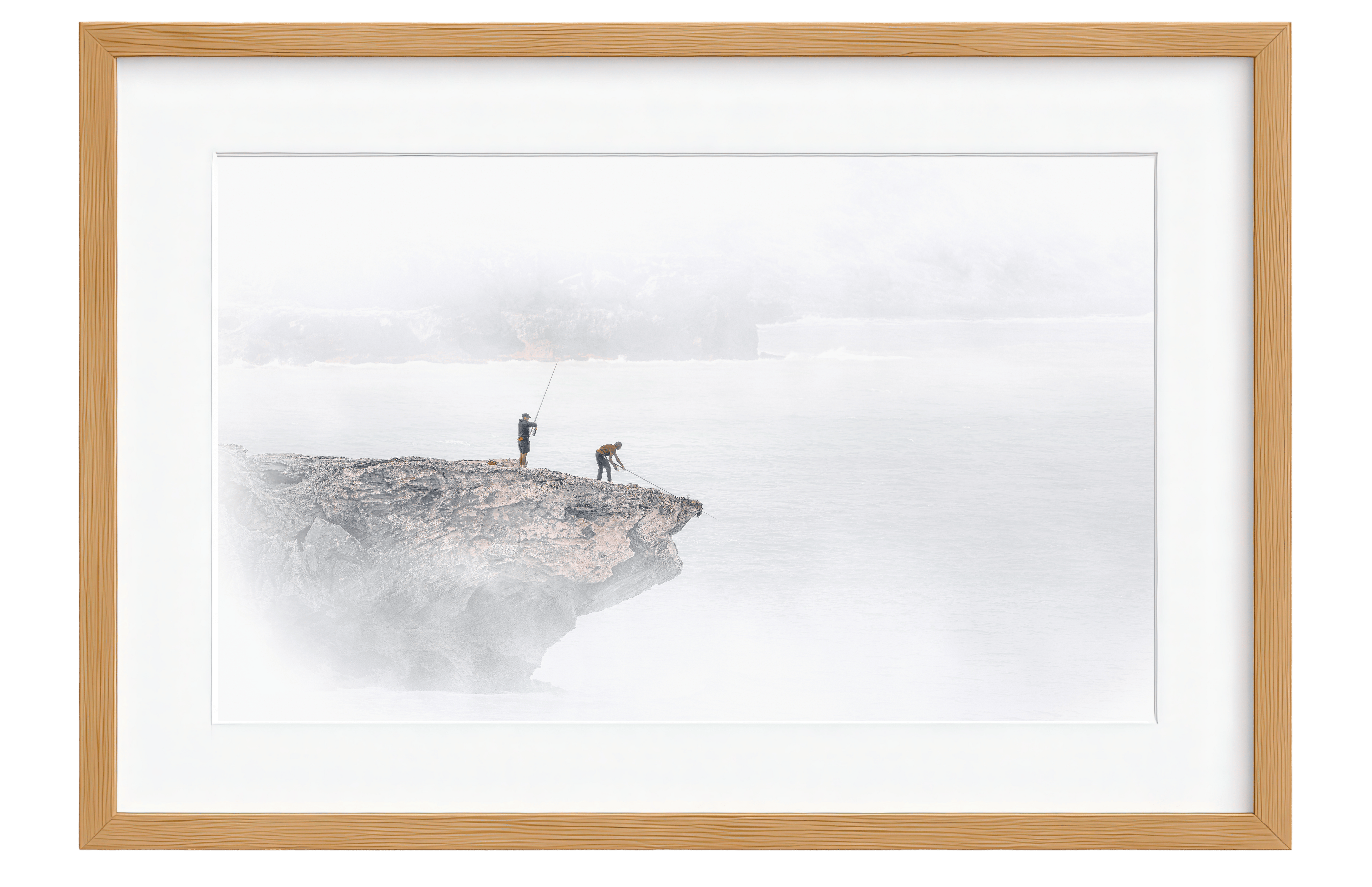 Framed artwork of two figures on a cliff with a white background with a wooden frame.